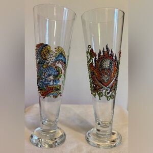 ED HARDY By Christian Audigier Tattoo Art Inspired Embellished Pilsner Bar Set.